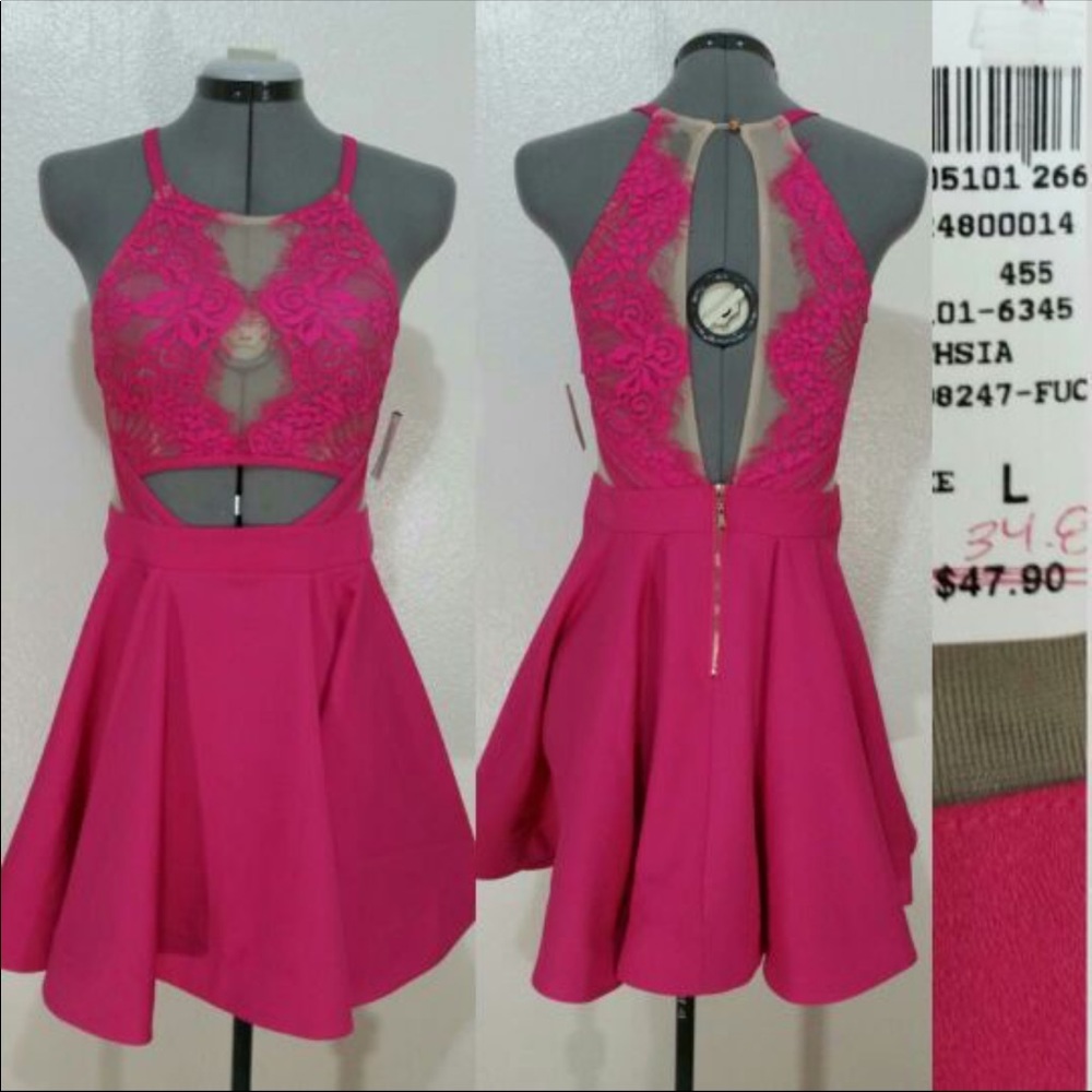 New hot pink lace cut out short party dress